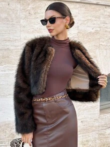 Lavishia Brown Two-Tone Faux Fur Crew Neck Long Sleeve Short Women Faux Fur Jacket, Fashionable Autumn Winter Clothes For Women