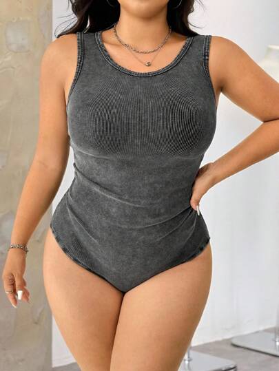 GalTyme Plus Size Women's Vintage Acid Wash Effect Knitted Bodysuit With Round Neck, Sleeveless, Waist Ruched Details, Fitted, Summer
