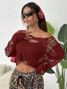 SHEIN EZwear 休闲不对称破洞女式毛衣 - 酒紅色 - 查看 5