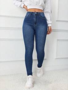 SHEIN ICON 女士休闲高腰紧身牛仔裤，适合通勤和日常穿着 - 深色水洗藍 - 查看 5