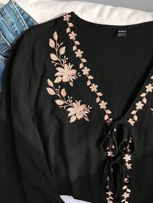 Comfortcana Casual Vacation Style V-Neck Front Tie Floral Embroidery Long Sleeve Cropped Shirt, Spring/Autumn,Black Tops Black Blouses Boho Blouses Lantern Sleeve Blouse, Christmas