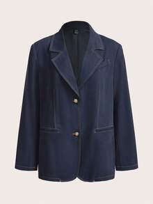 Modelyn Setelan 2 potong Vintage Kontras Warna Denim Efek Lengan Panjang Kancing Depan dan Rok Lipit Kasual untuk Musim Gugur/Dingin - Navy Blue - View 6