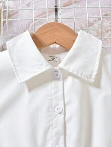 SHEIN Vestido de camisa de manga abullonada y dobladillo con ribete de volantes y bolsa 2 en 1 para niñas preadolescentes - Blanco - Ver 7