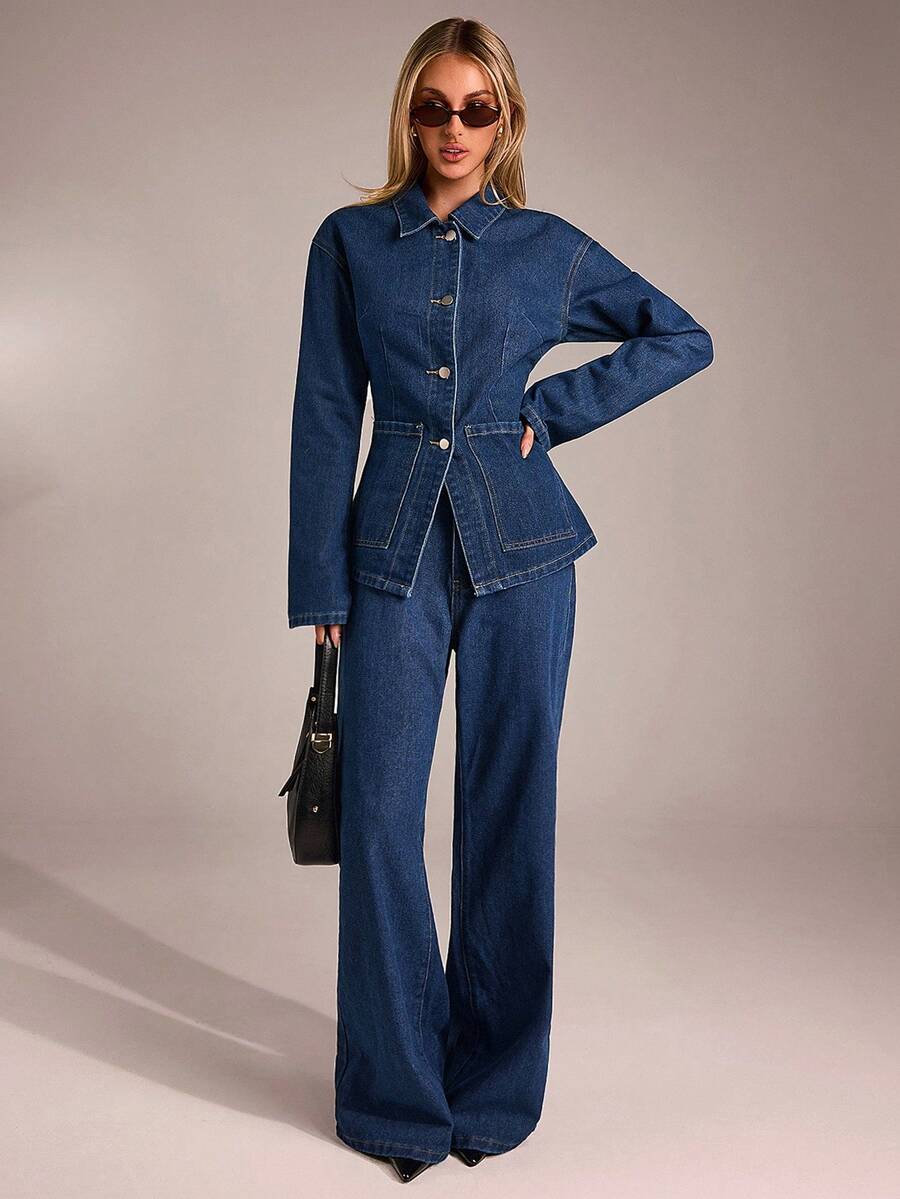 Avantive Fall&Winter Halloween Christmas New Year Going Out Graduation Prom Elegant Formal Luxury Chic Business Casual Birthday/Office Outfits/Country Concert/Club Outfits Sexy/Western/Work Clothes/Streetwear/Vintage/Festival/Cocktail/Rave/Prom/Hawaii/Airport/Funny/Basic/Brunch Outfits/2000s Style/Bodycon/Old Money Style/Church/Homecoming/Classy/Party/Modest/Date Night/Autumn/Winter/Single-Breasted Denim Top/Coat/Jeans/Blue Washed Low Rise Baggy Wide Leg Cowgirl Jeans/Denim 2ps Outfit - Blue - View 1