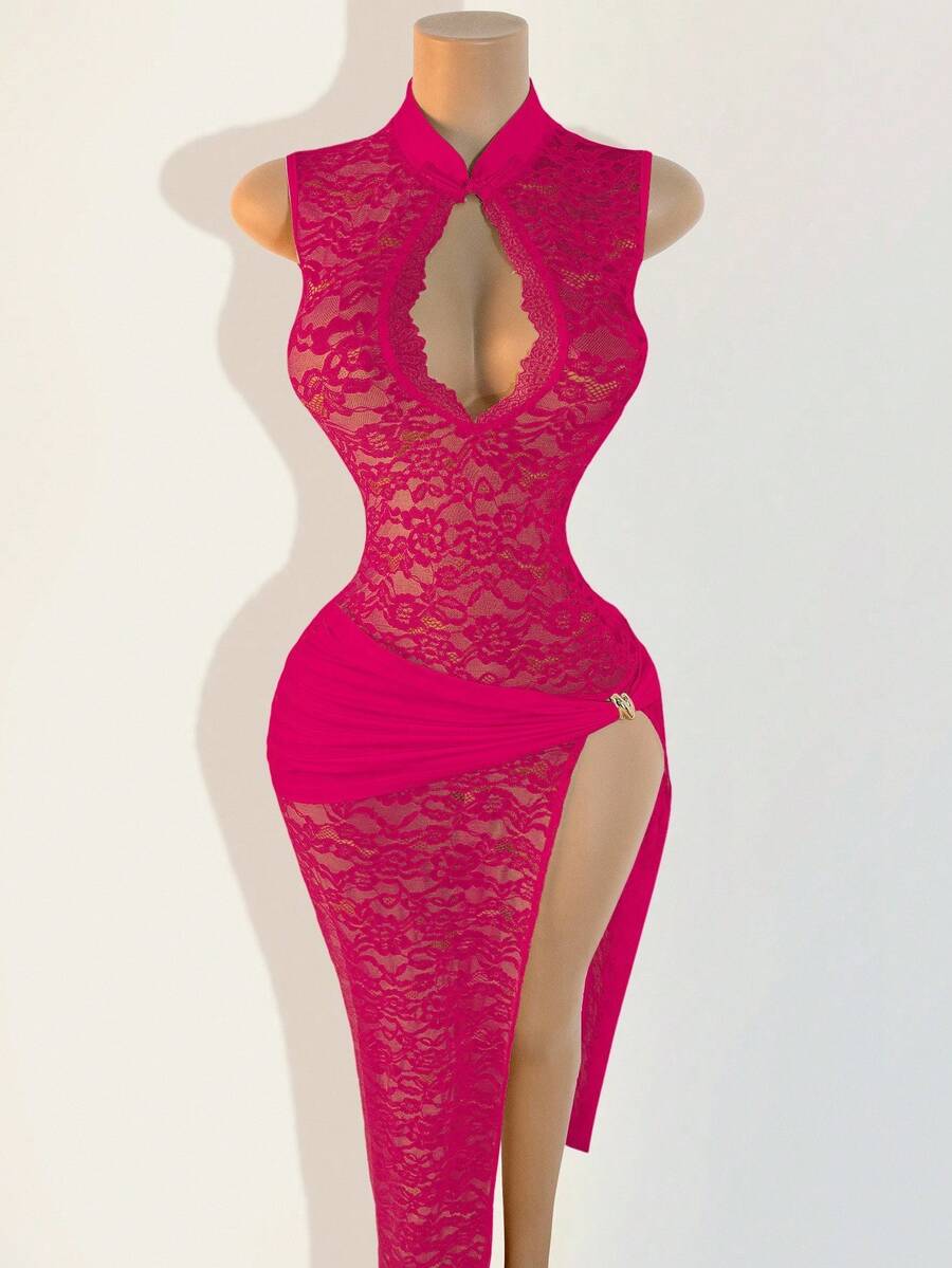 BamGleam Seksowna i modna sukienka w jednolitym kolorze z rozcięciem z boku i kołnierzykiem w stylu cheongsam z koronką - Wyrazisty róż - Zobacz 1