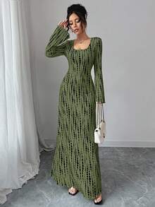 Elenzga Urban Chic Animal Print Square Neck Flare Sleeve Cinched Waist Regular Fit Autumn/Winter Maxi Dress For Women