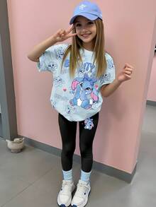 女童休闲可爱卡通蓝色兔子图案字母标语印花短袖T恤和紧身裤两件套 - 彩色 - 查看 2
