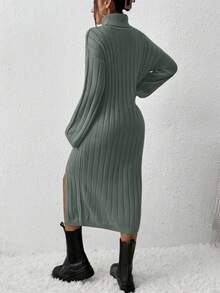 EURMUSE Women's Casual Solid Color Turtleneck Slit Knitted Sweater Dress, Autumn/Winter