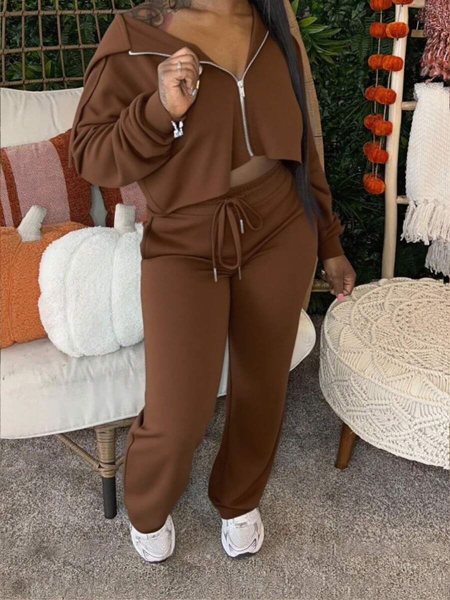 SHEIN Women's Solid Color Long Sleeve Zip-Up Hoodie And Drawstring Waist Pocket Sweatpants Casual 2 Pieces Set - Coffee Brown - View 1