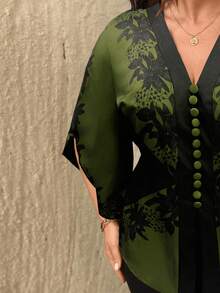 SHEIN Tall Áo kiểu nữ cổ chữ V cài nút trang trí ôm eo họa tiết tay 3/4 không đối xứng thanh lịch - xanh quân đội - Xem 6