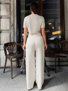 EURMUSE Soft Ribbed Knit Two Pieces Set With Short-Sleeve Sweater And Relaxed Fit Pants In Creamy Beige Tone - Cream - View 2