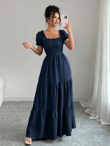 Elenzga 女士优雅长裙，独特领口，多层拼接，荷叶边，修身设计/垂坠/分层/假日装扮/波西米亚风/浪漫花卉/度假休闲 - 藏蓝色 - 查看 7