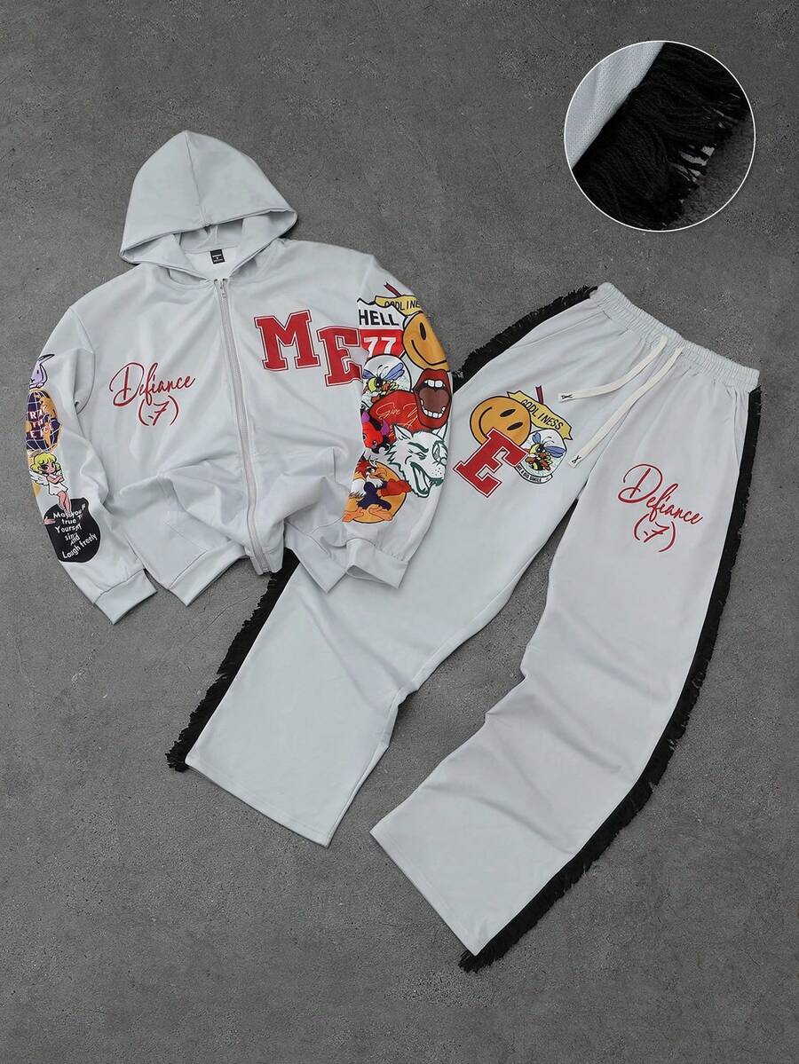 Manfinity Roghcode 男士灰色美式高街元素结合卡通狼脸大嘴魔鬼角大号数码印花连帽衫侧面毛边流苏拼接工艺阔腿裤套装街头潮流四季穿搭适合送给男朋友朋友当礼物秋季穿搭 - 灰色 - 查看 1