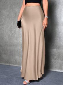 SHEIN PETITE Women's Solid Color Mermaid Style Skirt, Satin Skirt, Elegant Long Skirt, Suitable For Parties And Everyday Wear - Apricot - View 6