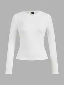SHEIN EZwear 4件組女款圓領休閒端莊基本款修身長袖T恤套裝，適合秋冬/冬季，日間穿著，黑色、灰褐色、棕色、白色 - 彩色 - 查看 5