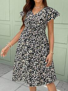 SHEIN 孕妇及哺乳期碎花荷叶边袖连衣裙（夏季） - 黑色 - 查看 5