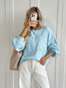 SHEIN LUNE Rundhals Laternärmel 3D Blumen Pullover, lässiger, weiter Pendler Vintage Stil für Frauen Blumen Pullover Damen Pullover bestickter Pullover blauer Pullover Zopfstrick Pullover für Herbst/Winter - Blau - Übersicht 3