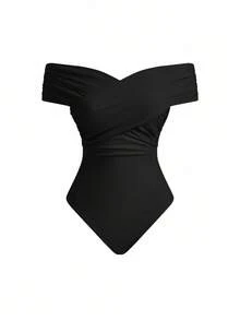 Swim Oasis 女士夏季度假可爱交叉露肩半身裙套装 - 黑色 - 查看 3