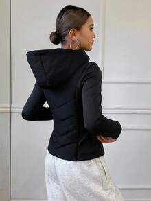 DAZY 女式修身拼布夹棉大衣，秋冬夹克 - 黑色 - 查看 6