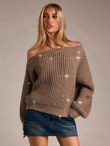 Avantive Mocha Brown Off The Shoulder Rhinestone Sweater For Women,Elegant Autumn Knitwear For Night Out,Y2K Western Style Boho Vintage Clubwear Top - Brown - View 5