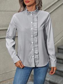 EMERY ROSE Women's Casual Everyday Striped Ruffle Front Button Shirt, Autumn - Black - View 3