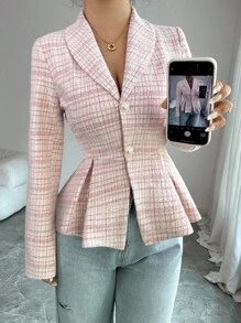 Elenzga Autumn/Winter New Knitted Elastic Chic Fashion Elegant Cinched Waist Design Shoulder Long Sleeve Women Plaid Jacket Fall Cloth For Women - Multicolor - View 7