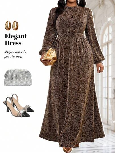 Fleurora Robe maxi élégante à manches lanternes imprimé léopard grande taille pour soirée