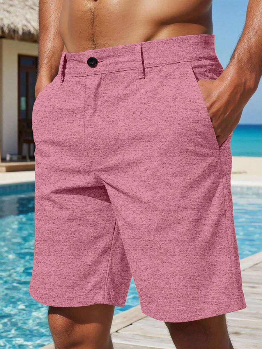 Manfinity RSRT 男士休闲斜口袋短裤亚麻短裤宽松过膝凉快吉利纯色夏季基本款男粉色短裤夏季短裤男士度假服男短裤粉色短裤