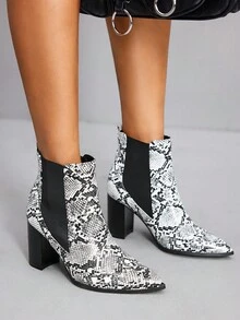 CUCCOO SZL 2025 Autumn/Winter New Fashion Snake Skin Pointed Toe Ankle Boots, Chunky Heel Chelsea Boots - Black and White - View 4