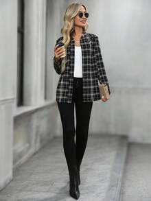 EMERY ROSE 女式格子长袖开襟休闲宽松夹克 - 黑色 - 查看 6