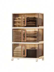 SHEIN 3/2/1层轻便收纳柜厨房客厅玩具收纳可折叠柜透明拉出式鞋盒折叠省空间鞋架加厚导轨储物整理盒 - 透咖 - 查看 12