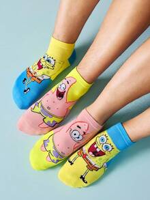 SpongeBob SquarePants | SHEIN 2 Pairs Soft & Breathable Moisture-Wicking Casual Men Ankle Socks With & Fashionable And Cute Pink & Blue Short Socks Reinforced Toe & Heel For Durabiliy Unisex For Women All Season All-Match Summer Winter - Multicolor - View 2