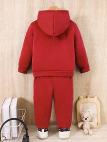 2 件套年轻男孩红色条纹印花连帽衫和裤子休闲装，春秋季 - 紅色 - 查看 2
