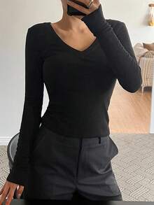 女士V领保暖内衬修身性感休闲打底T恤长袖上衣，冬季保暖款 - 黑色 - 查看 3