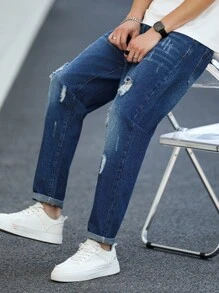 Manfinity Homme 男士休闲破洞洗水牛仔裤，磨边牛仔裤纯色深蓝色长直筒工装牛仔裤，适合送给老公、男朋友的礼物 - 藍色 - 查看 6