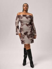 SHEIN Tall CURVE Große Größen Herbst sexy süßes braunes Farbverlaufsmuster Mesh-Muster Off-Shoulder gerafftes ausgestelltes Langarm-Minikleid, Geburtstagskleider für Frauen - Verschiedenfarbig - Übersicht 6
