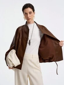 Aalyst Veste  pour femmes, automne/hiver. Style de rue élégant, tenue de bureau décontractée, retour à l'école. Veste vintage de moto avec fermeture à 4 boutons à l'avant, poches latérales, manches raglan, ourlet avec cordon de serrage. Coupe ample et régulière. - Tabac - Voir 8