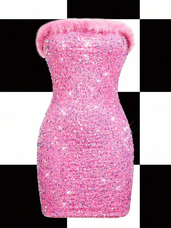 Shutterstock Y2Kool Abito mini aderente con paillettes e frange rosa, stile sexy Y2K, adatto per vacanze autunnali/invernali, feste, raduni, uso quotidiano. Abito grafico con paillettes rosa, abito rosa da club, abito con paillettes rosa, abito rosa scintillante, collezione di abbigliamento alla moda, nuovi outfit per Capodanno