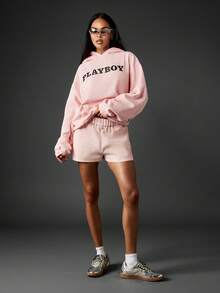 Missguided x Playboy Oversized Graphic Hooded Sweatshirt With Metallic Logo Print For Winter Loungewear - Pink - View 3