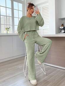 EURMUSE 2pcs Women Ribbed Cropped Top And Drawstring Waist Pants Set, Suitable For Spring And Autumn - Mint Green - View 5