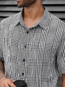 Manfinity Homme 夏季大码男士休闲格子短袖衬衫 - 黑與白 - 查看 6