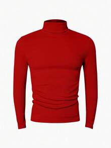 Manfinity Dauomo 男士纯色高领修身休闲长袖 T 恤，秋季 - 紅色 - 查看 3