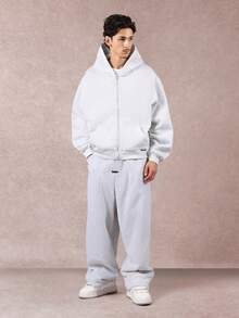 SUMWON 经典常规版型全拉链连帽衫，带中央口袋，休闲抽绳家居服外套，适合秋冬 - 灰色 - 查看 8