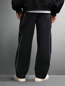 SUMWON 宽腿黑色尼龙运动裤，带反光对比滚边，运动休闲街头服饰，四季宽松下装，时尚都市服饰 - 黑色 - 查看 2