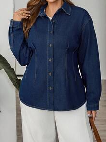 SHEIN CURVE+ 女士加大码深牛仔蓝收腰长袖牛仔衬衫，适合所有场合，万圣节服装，乡村风格，时尚秋季 - 深色水洗藍 - 查看 3