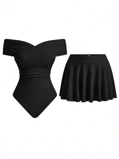 Swim Oasis 女士夏季度假可爱交叉露肩半身裙套装