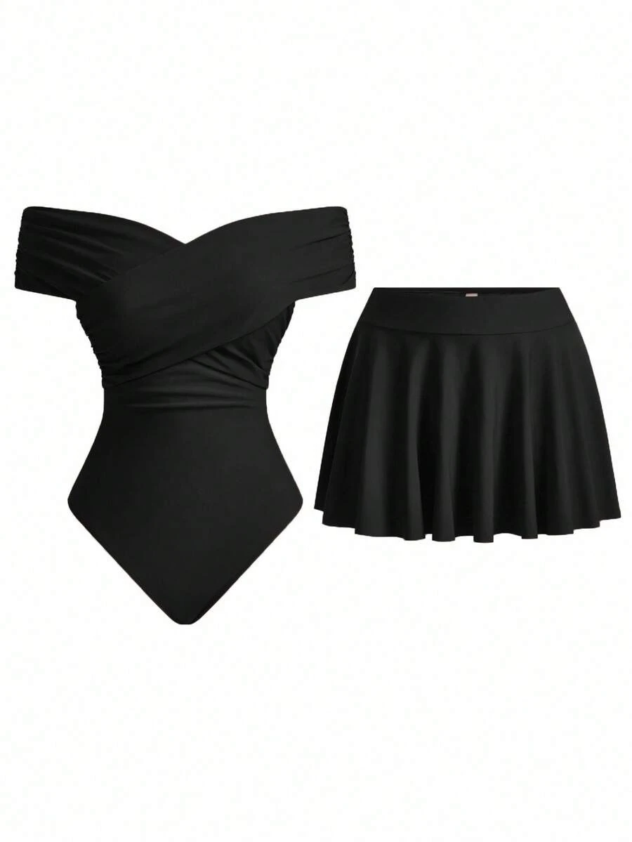 Swim Oasis 女士夏季度假可爱交叉露肩半身裙套装 - 黑色 - 查看 1