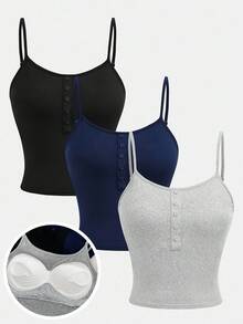 SHEIN Girlism 3件套少女海军蓝、黑色、灰色吊带背心，内置胸垫，修身剪裁，百搭休闲吊带背心，适合所有季节/活动/秋季/冬季/万圣节、荧光模式、秋季、圣诞节/假日/节日/冬季 - 彩色 - 查看 1