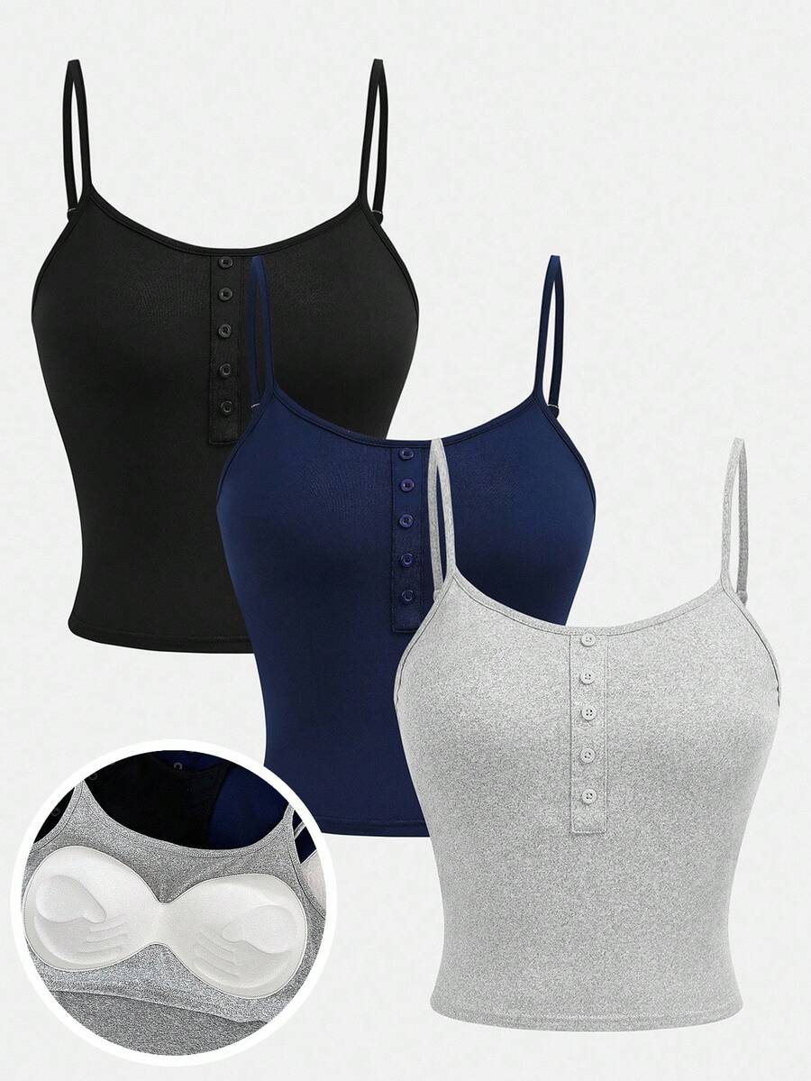 SHEIN Girlism 3件套少女海军蓝、黑色、灰色吊带背心，内置胸垫，修身剪裁，百搭休闲吊带背心，适合所有季节/活动/秋季/冬季/万圣节、荧光模式、秋季、圣诞节/假日/节日/冬季 - 彩色 - 查看 1