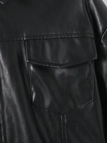 SHEIN 青少年男孩休閒日常百搭舒適PU領保暖內裡寬鬆加厚長袖開襟夾克外套 黑色拉鍊男孩皮夾克人造皮革夾克 冬季外套 適合生日派對、晚會、表演、婚禮、洗禮、開幕式，適合日常穿著、上學、旅行、運動，適合秋冬 - 黑色 - 查看 7